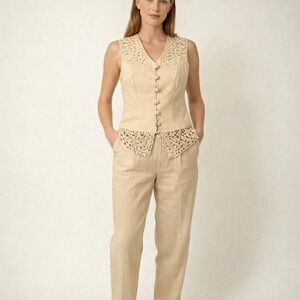 Vintage Y2K Appraisal Women's Vest Pants Set Size 6 Yellow Linen Blend Spring
